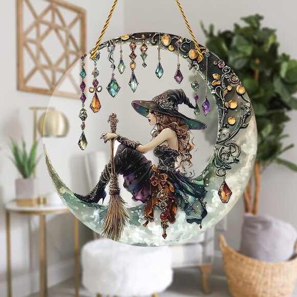 8x8 inch Charming Moonlight Witch Acrylic Stained Glass Window Hanging Sun Catch - Picture 4 of 6